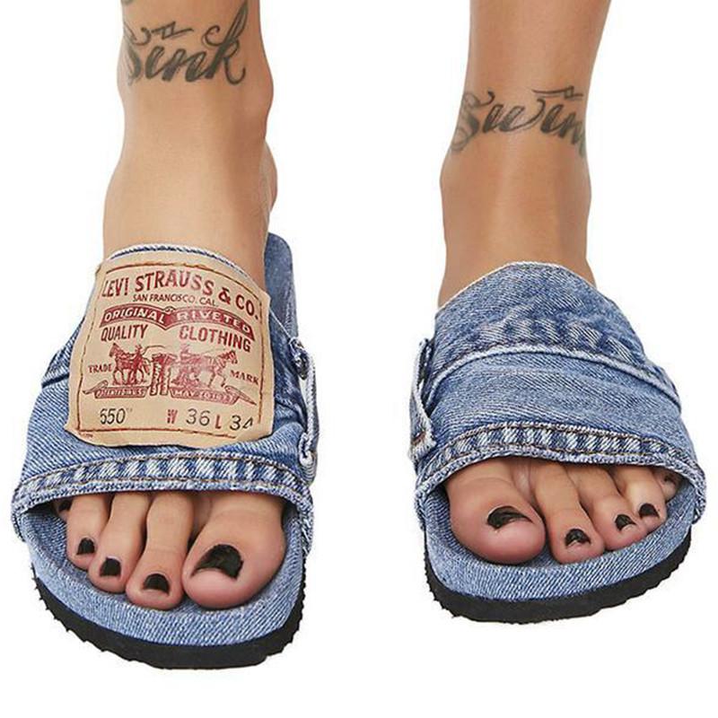 Denim Women's Cool Round Head Flat Slides Blue/Black