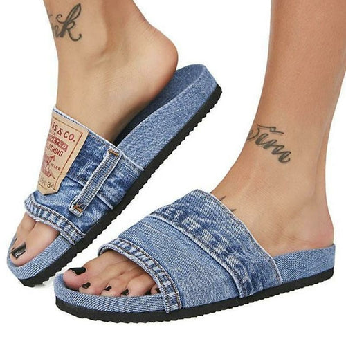 Denim Women's Cool Round Head Flat Slides Blue/Black