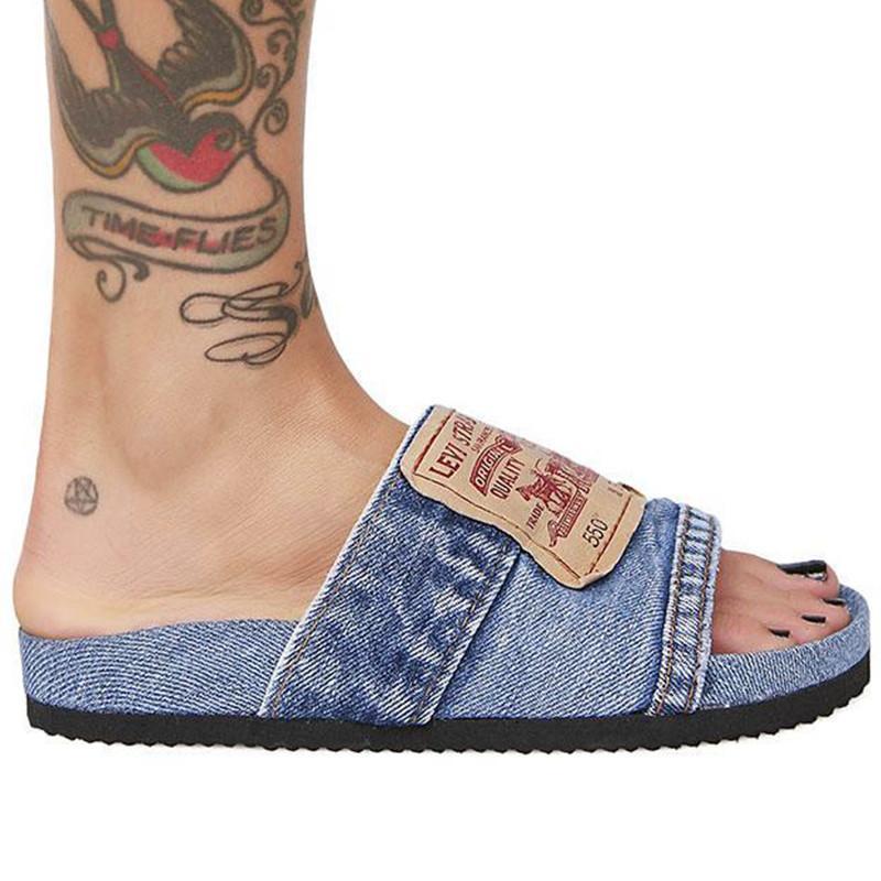 Denim Women's Cool Round Head Flat Slides Blue/Black