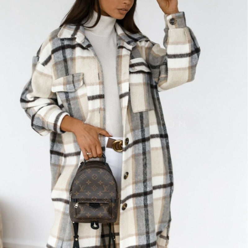 Spring and autumn new women's long-sleeved plaid print mid-length